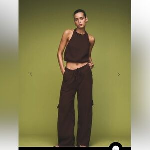 SER.O.YA ZIRA GAUZE CARGO PANTS TOP SET Brown Pants halter outfit 2 pc S